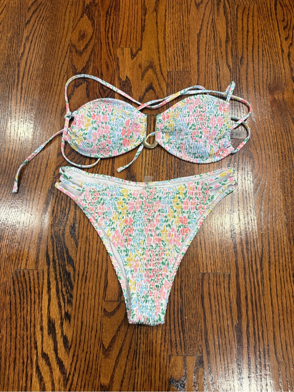SHEIN White Floral Smocked Bikini Set